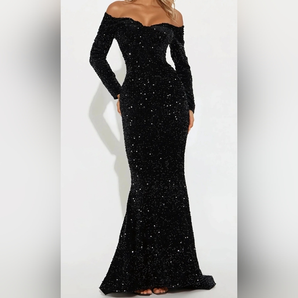 Black Sequin Long Sleeve Evening Gown